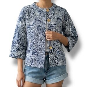 J. McLaughlin Blue White Paisley 3/4 Sleeve Sweater Jacket sz S